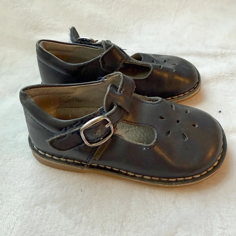 L'Amour Toddler Girls Navy Blue Leather T-Strap Flower Shoes Size 7 Style 721